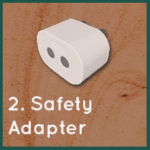 graphic of safety adapter on faded sandstone background with text